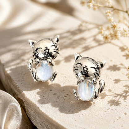 Smiling Cat Moonstone Stud Earrings