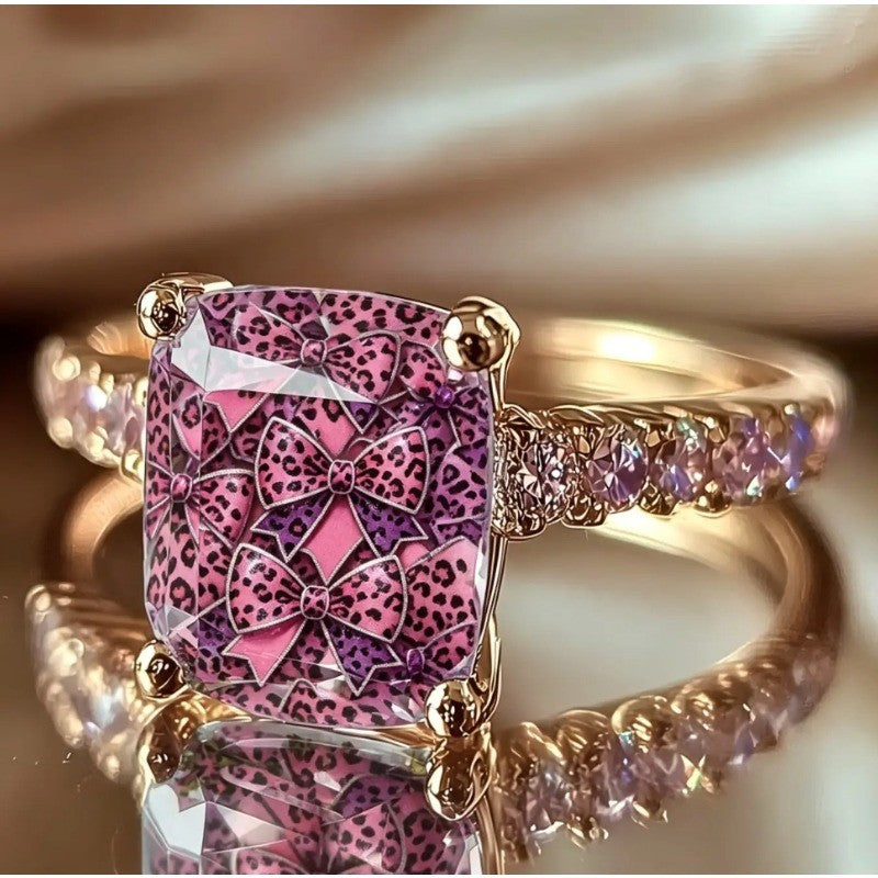 Pink Leopard Bow Square Ring