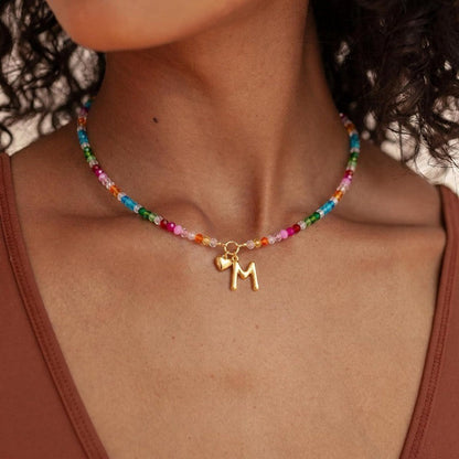 Colorful Beaded Initial Heart Necklace