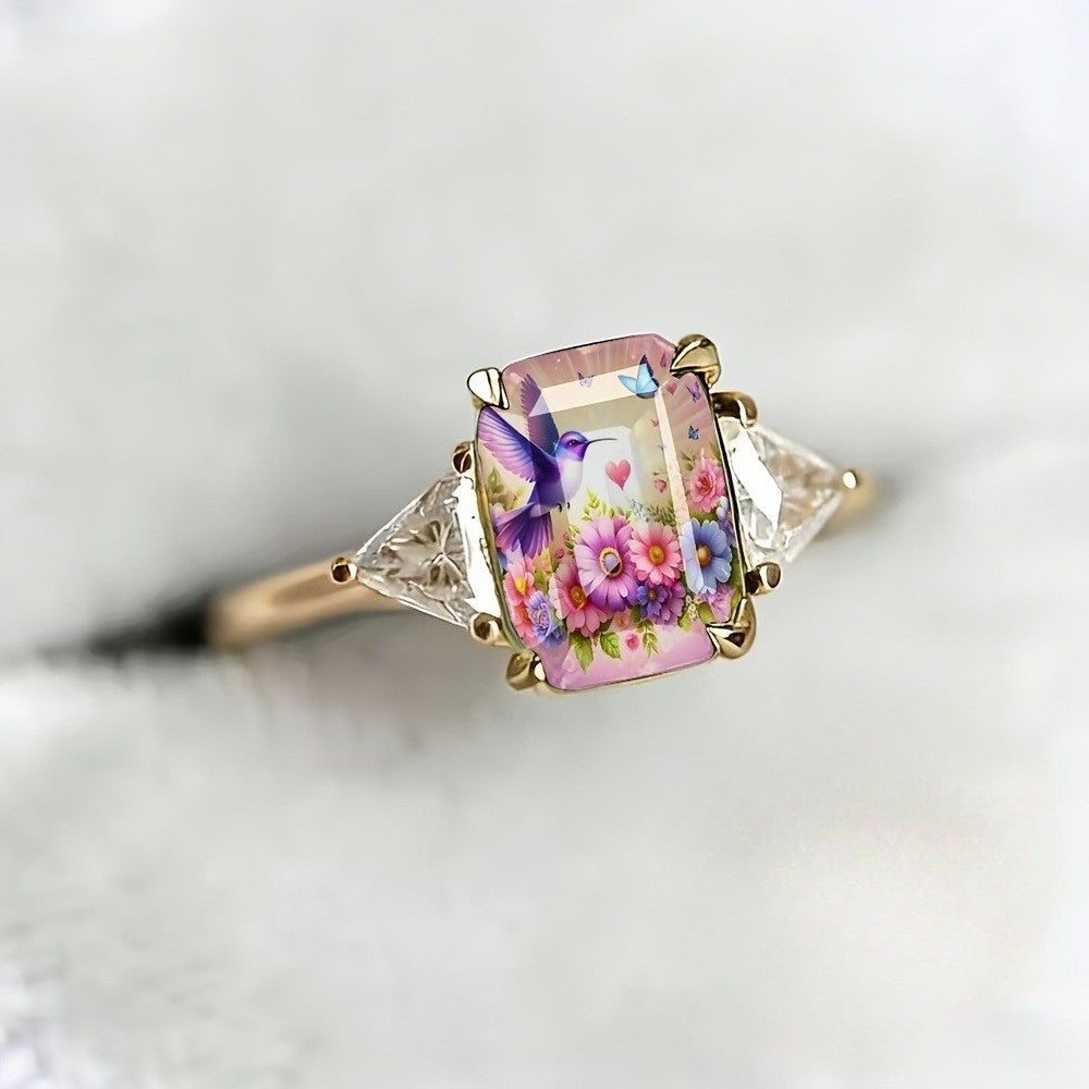 Hummingbird Floral Square Ring