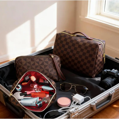 2pc Classic Leather Makeup Bag Set