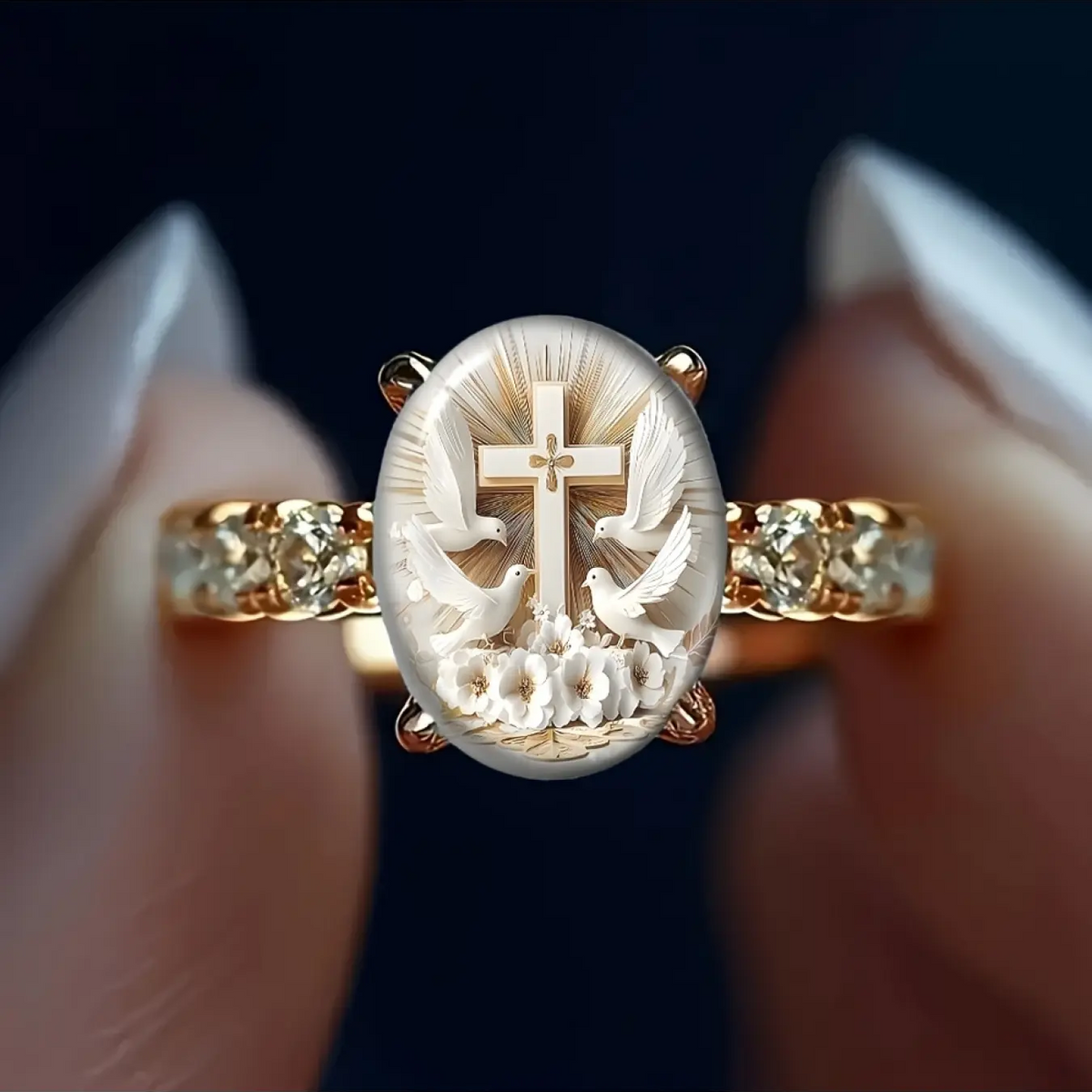 Holy Cross Dove Oval Ring
