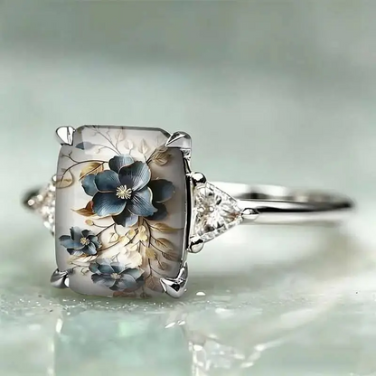 Blue Floral Art Statement Ring